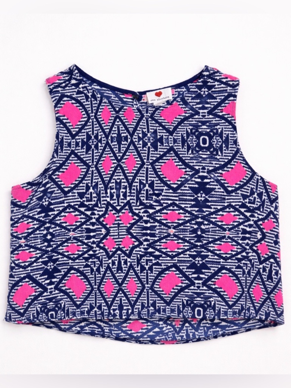 Navy & Pink Geometric Sleeveless Tank Top w peephole button closure - size Large